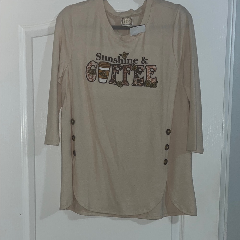 Beige Long Sleeve Top with Sunshine & Coffee Print